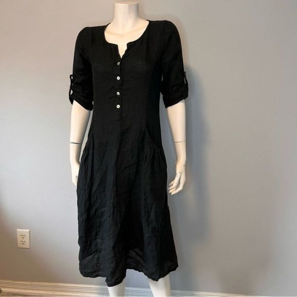 Terzo Millennio Dresses & Skirts - Terzo Millennio Solid Black V-neck Half Button Roll Tab Sleeves Midi Dress Small